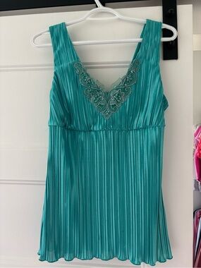 Le chateau Teal Pleated Camisole with Lace V-Neck